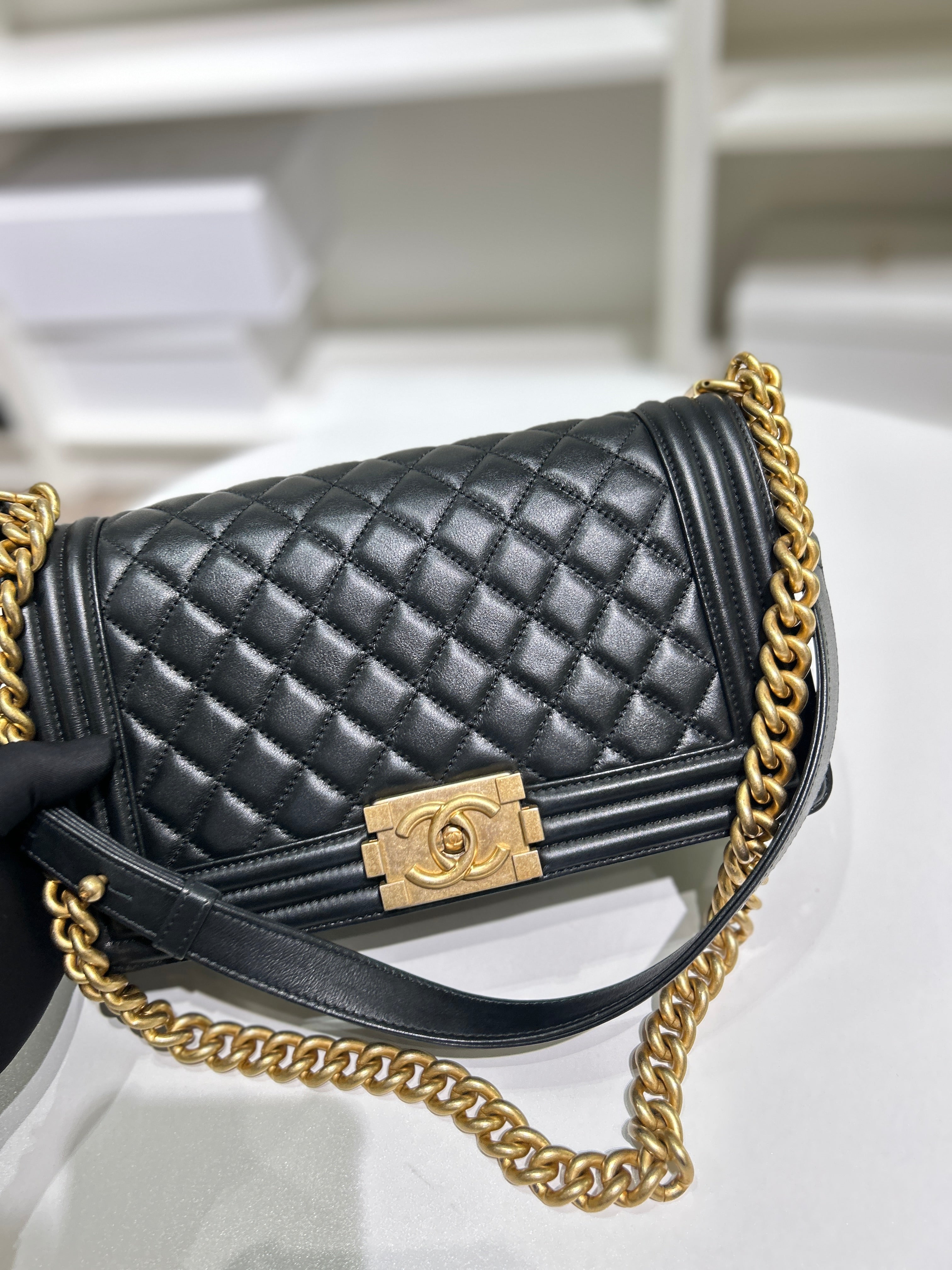 Chanel Boy Medium - Caviar 28CM New Medium Quilted Black Gold Hardware Series 19