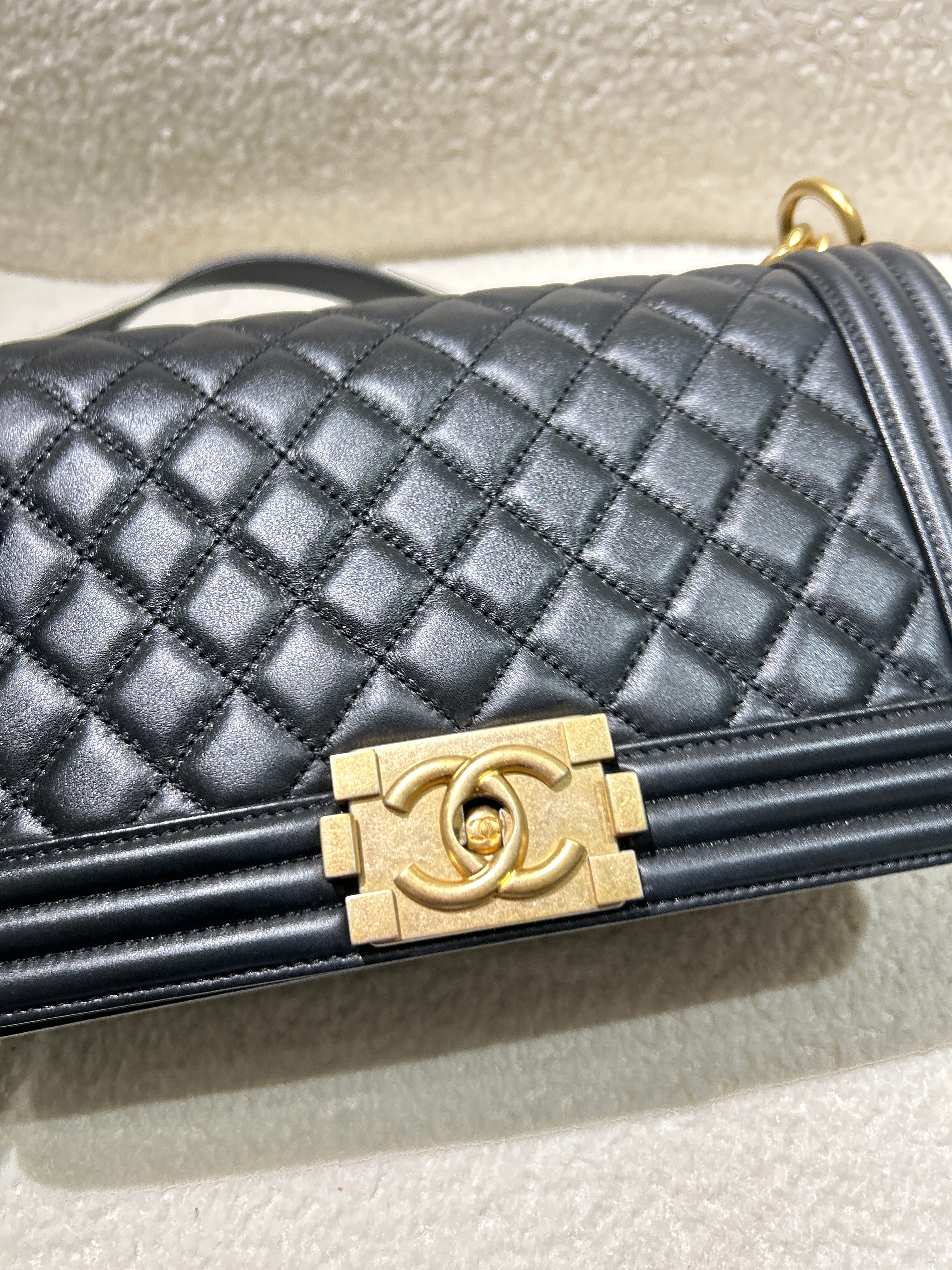 Chanel Boy Medium - Caviar 28CM New Medium Quilted Black Gold Hardware Series 19