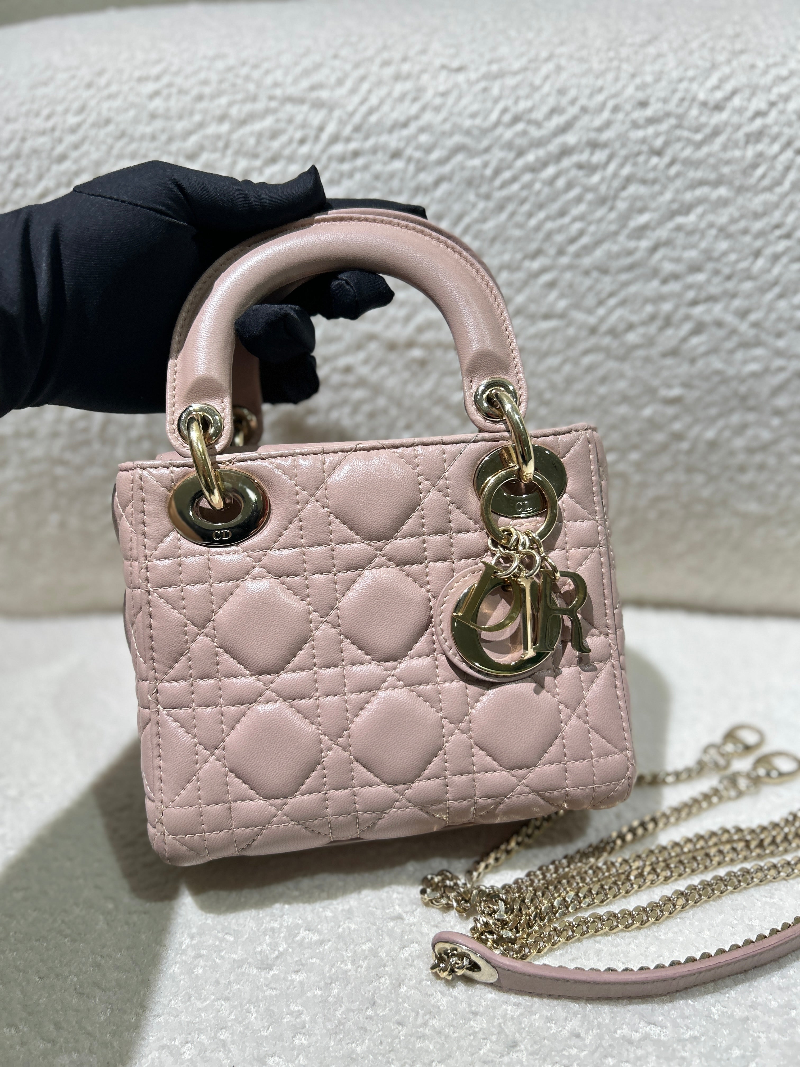 Dior Lady Mini - Cannage Grained Calfskin Blush Gold Hardware
