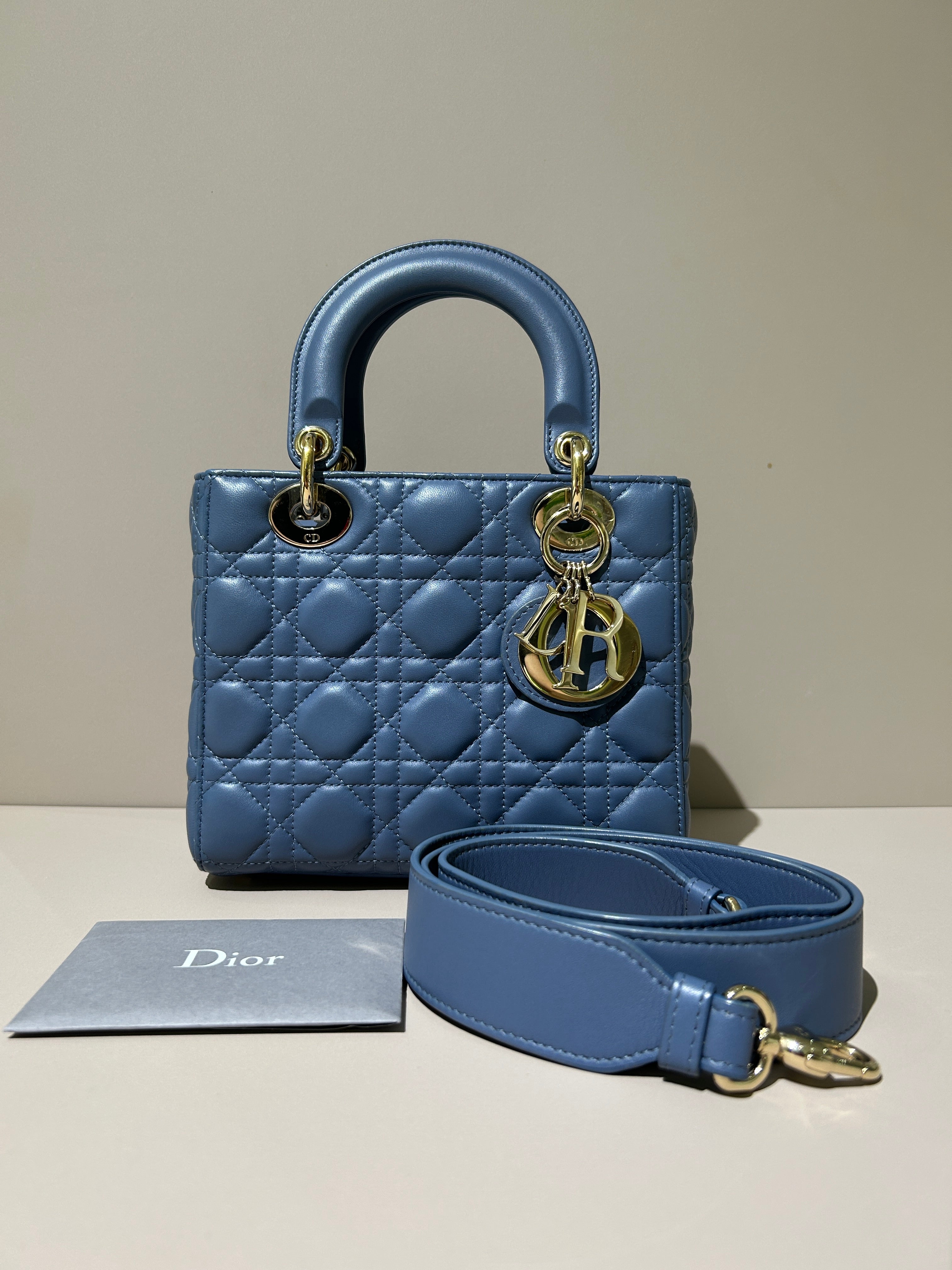 Dior Lady Medium - Cannage Lambskin Haze Blue Gold Hardware Adjustable Strap