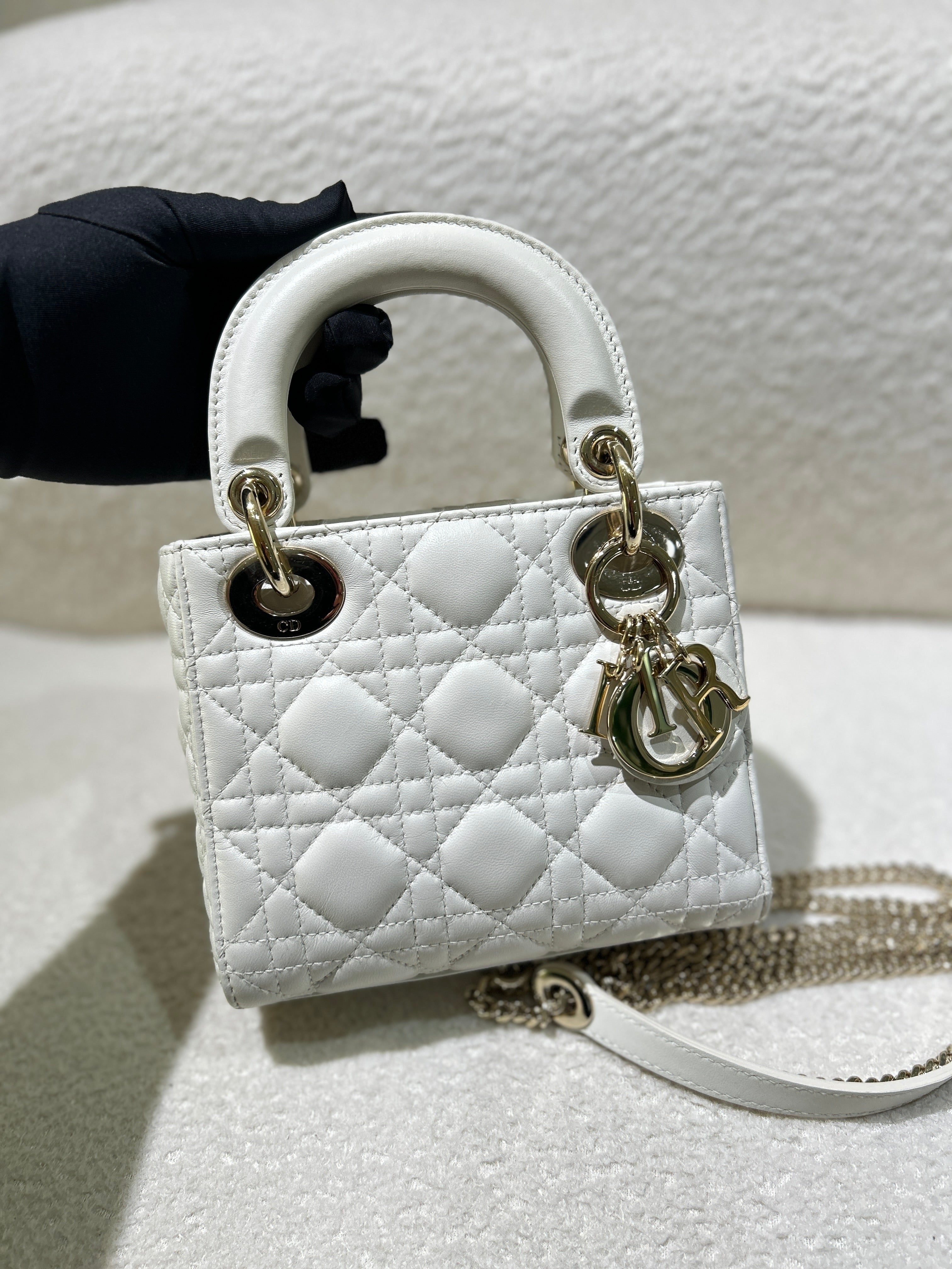 Dior Lady Mini - Cannage Grained Calfskin White Gold Hardware
