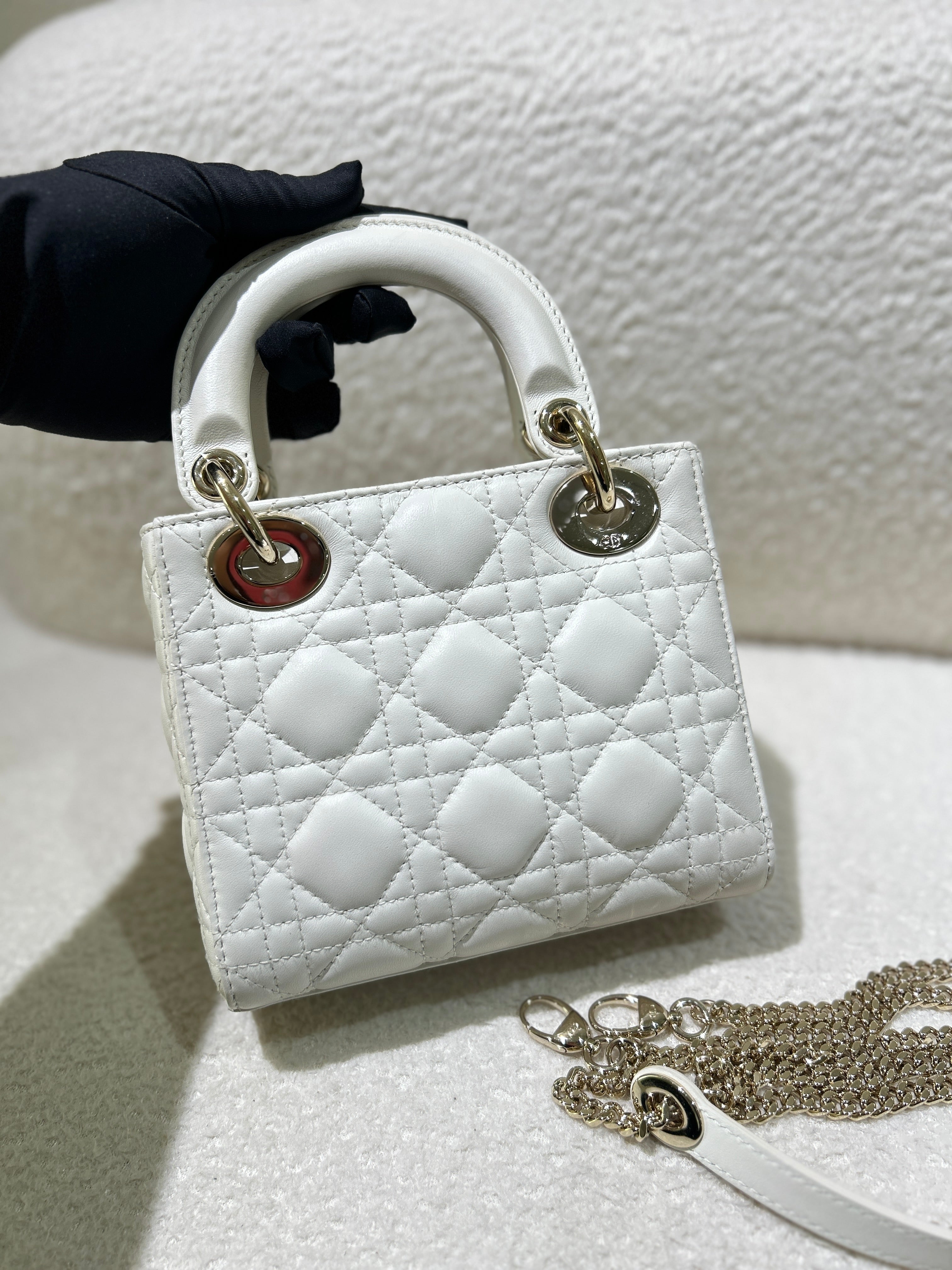 Dior Lady Mini - Cannage Grained Calfskin White Gold Hardware