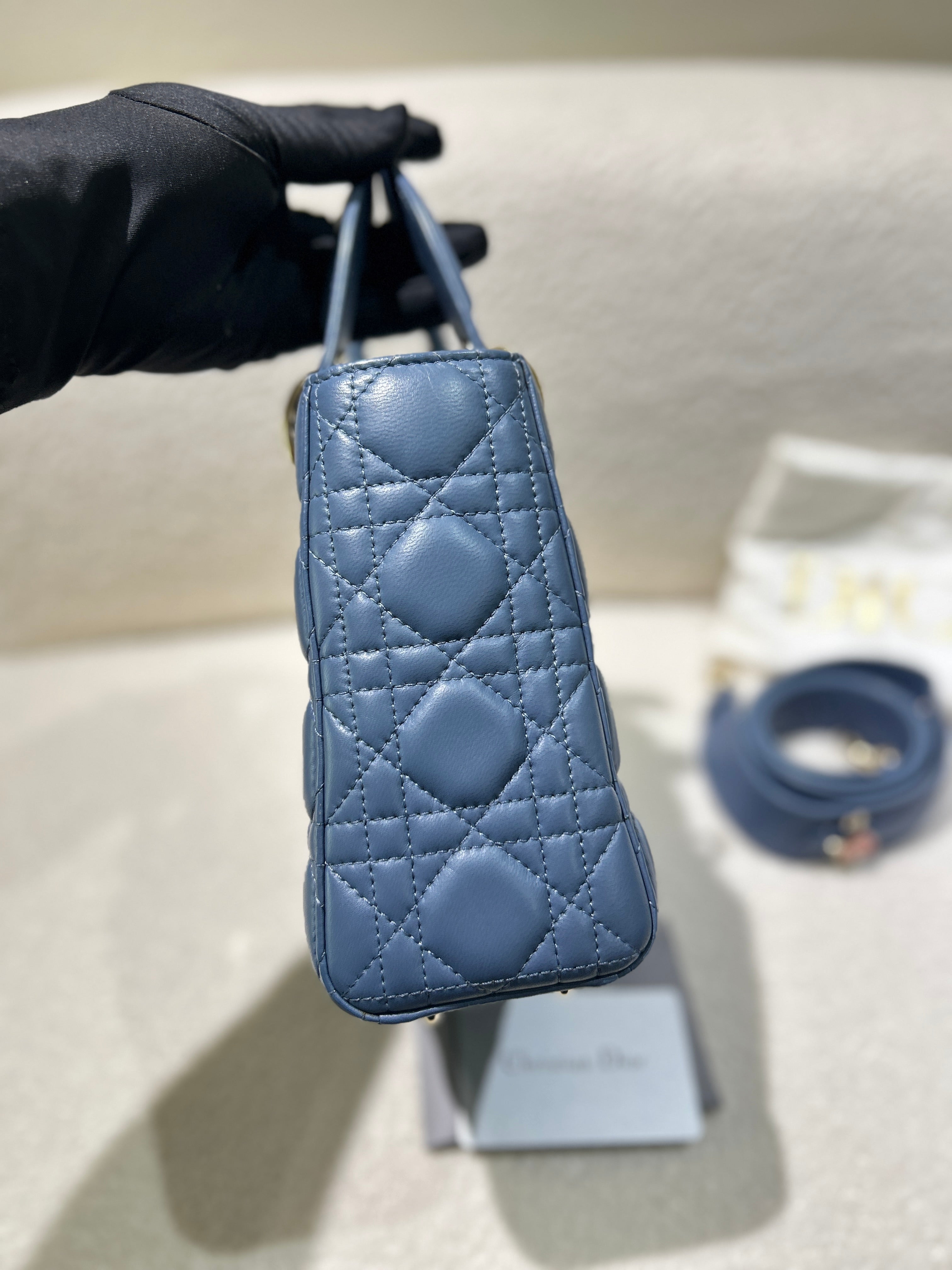 Dior Lady Medium - Cannage Lambskin Haze Blue Gold Hardware Adjustable Strap