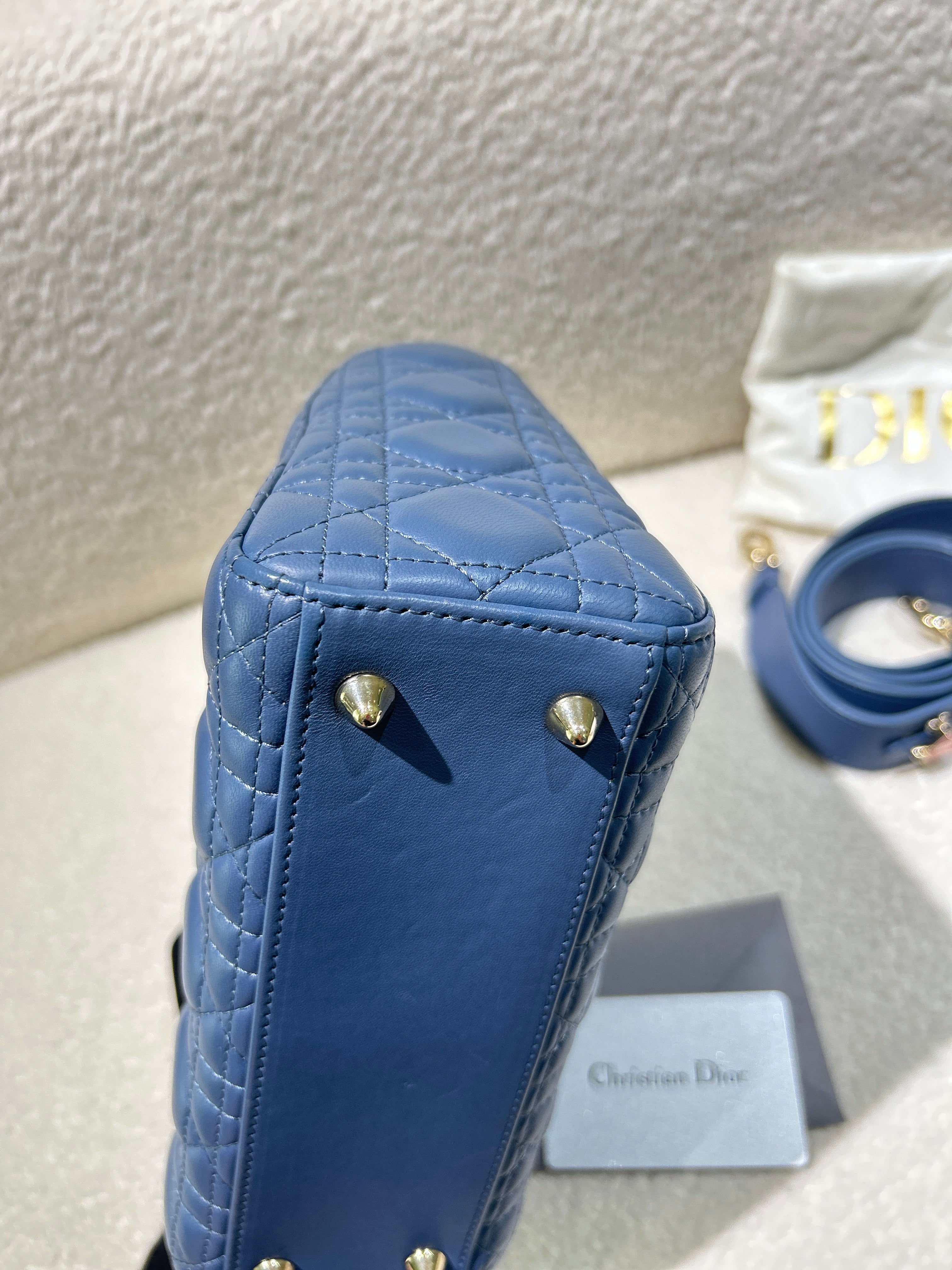 Dior Lady Medium - Cannage Lambskin Haze Blue Gold Hardware Adjustable Strap