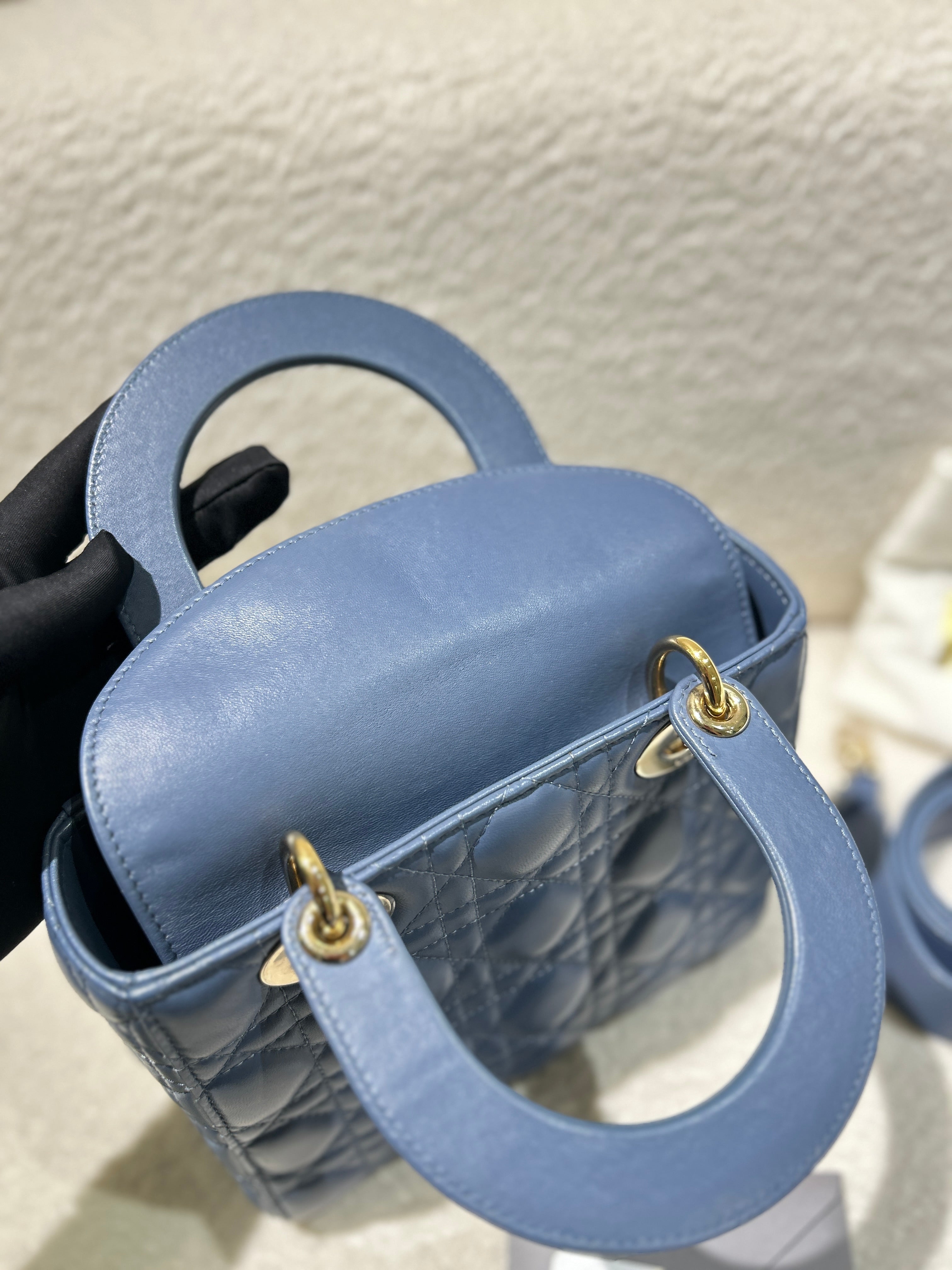 Dior Lady Medium - Cannage Lambskin Haze Blue Gold Hardware Adjustable Strap