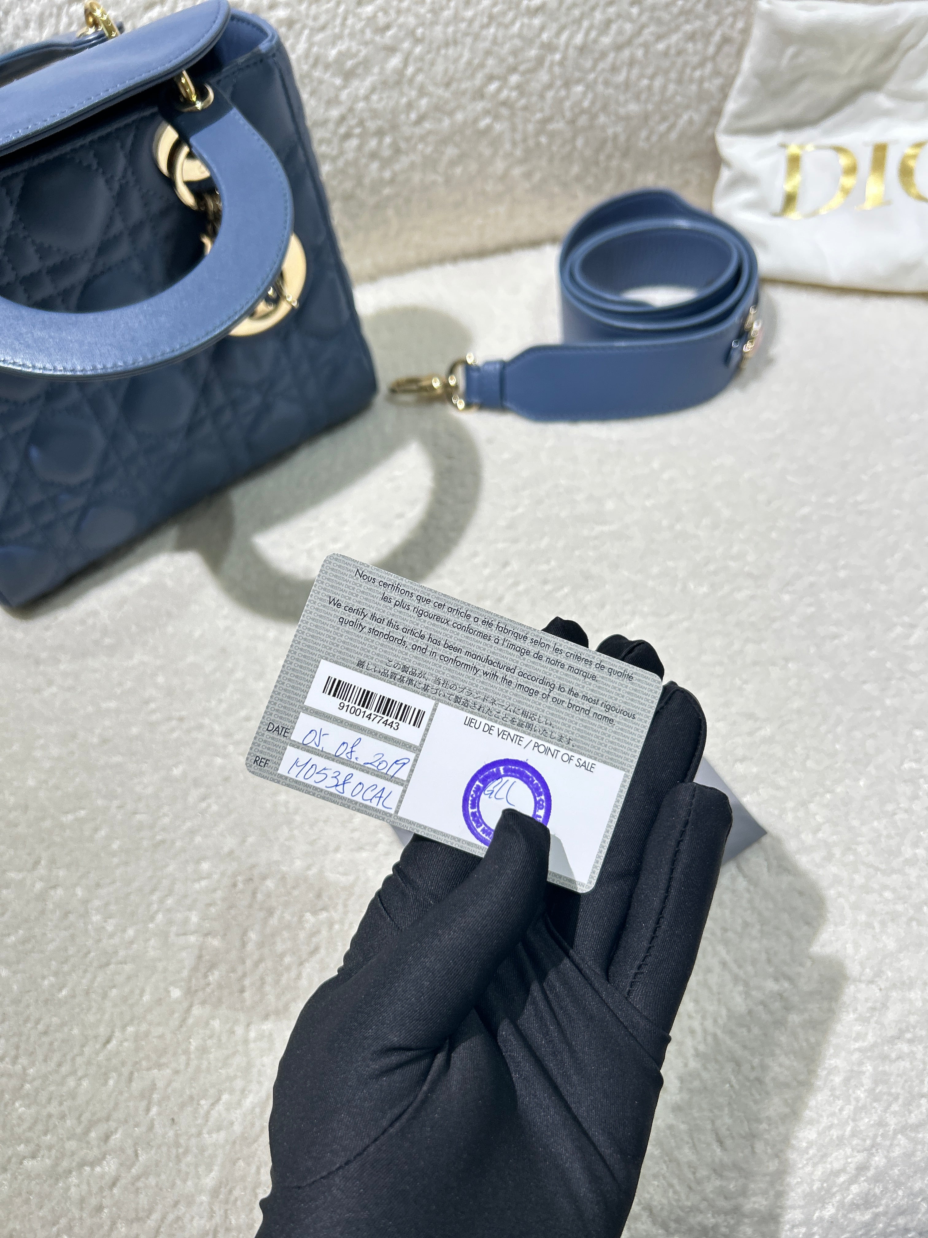 Dior Lady Medium - Cannage Lambskin Haze Blue Gold Hardware Adjustable Strap