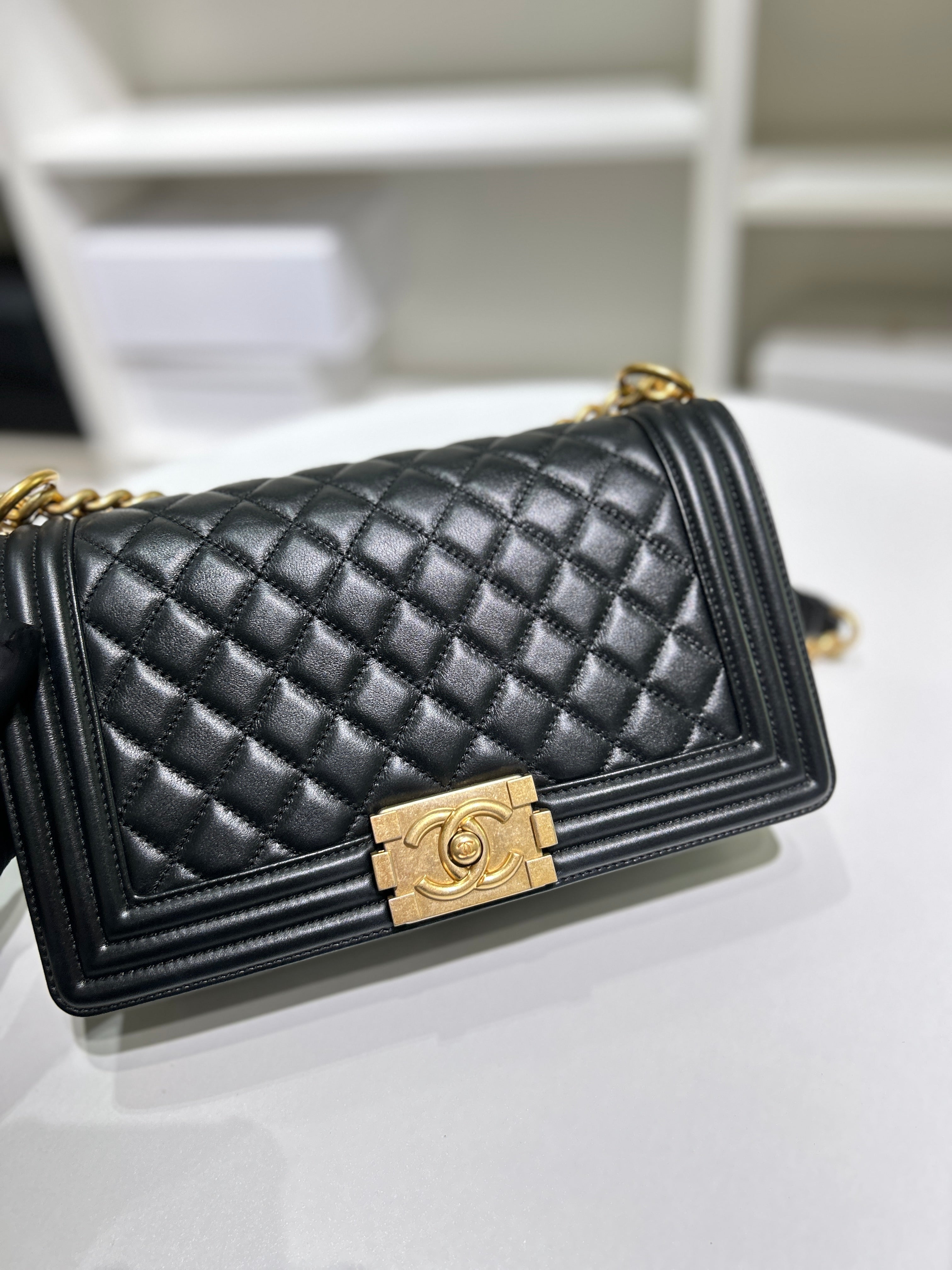 Chanel Boy Medium - Caviar 28CM New Medium Quilted Black Gold Hardware Series 19
