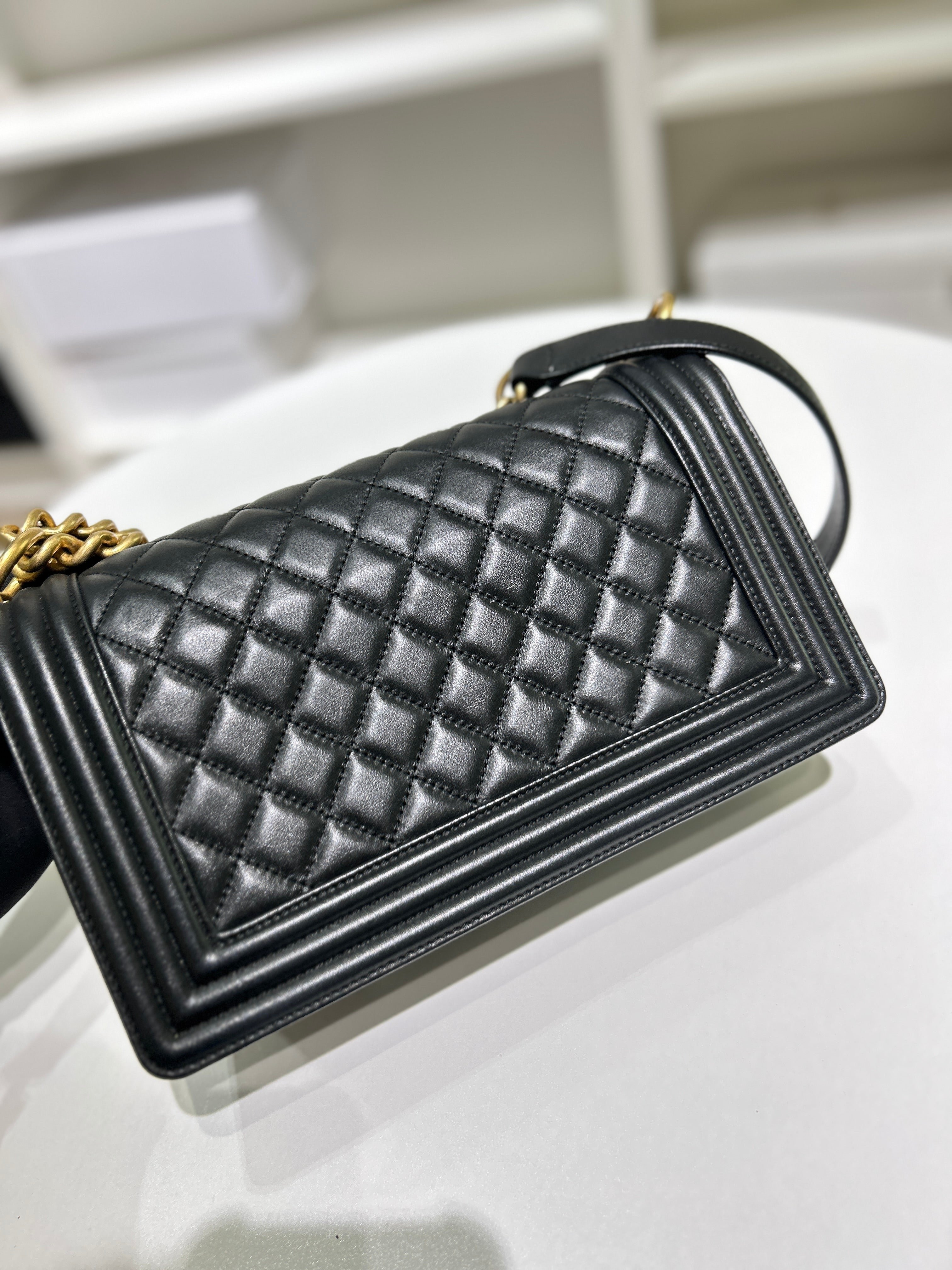 Chanel Boy Medium - Caviar 28CM New Medium Quilted Black Gold Hardware Series 19