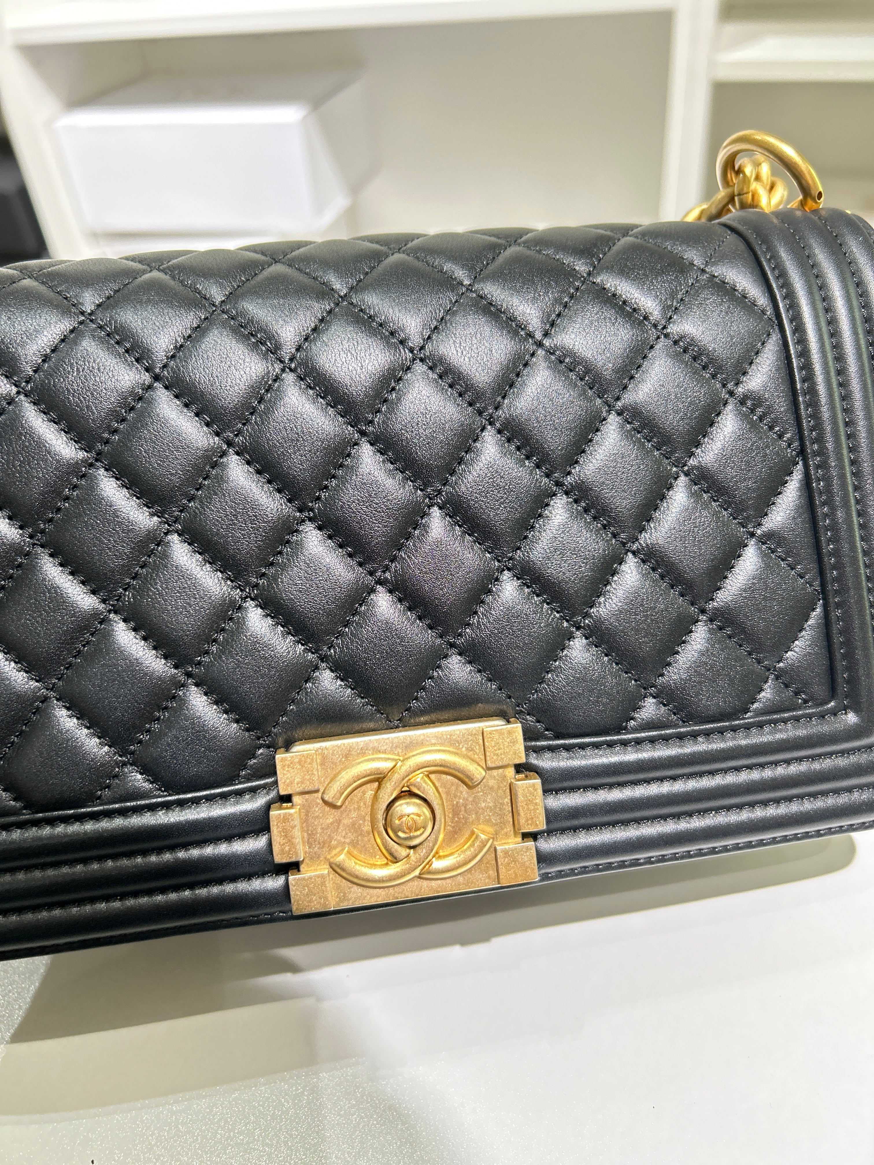 Chanel Boy Medium - Caviar 28CM New Medium Quilted Black Gold Hardware Series 19