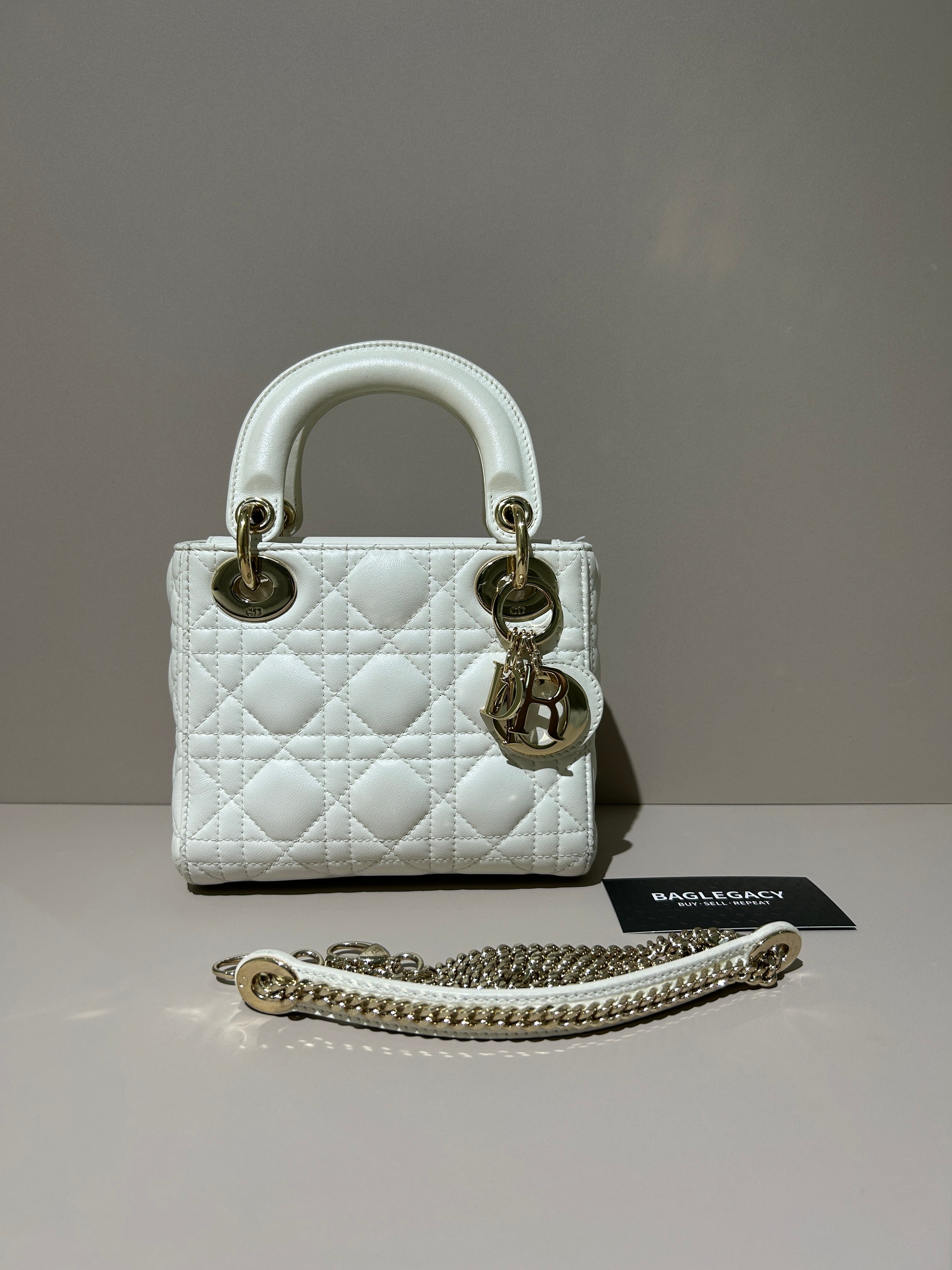 Dior Lady Mini - Cannage Grained Calfskin White Gold Hardware