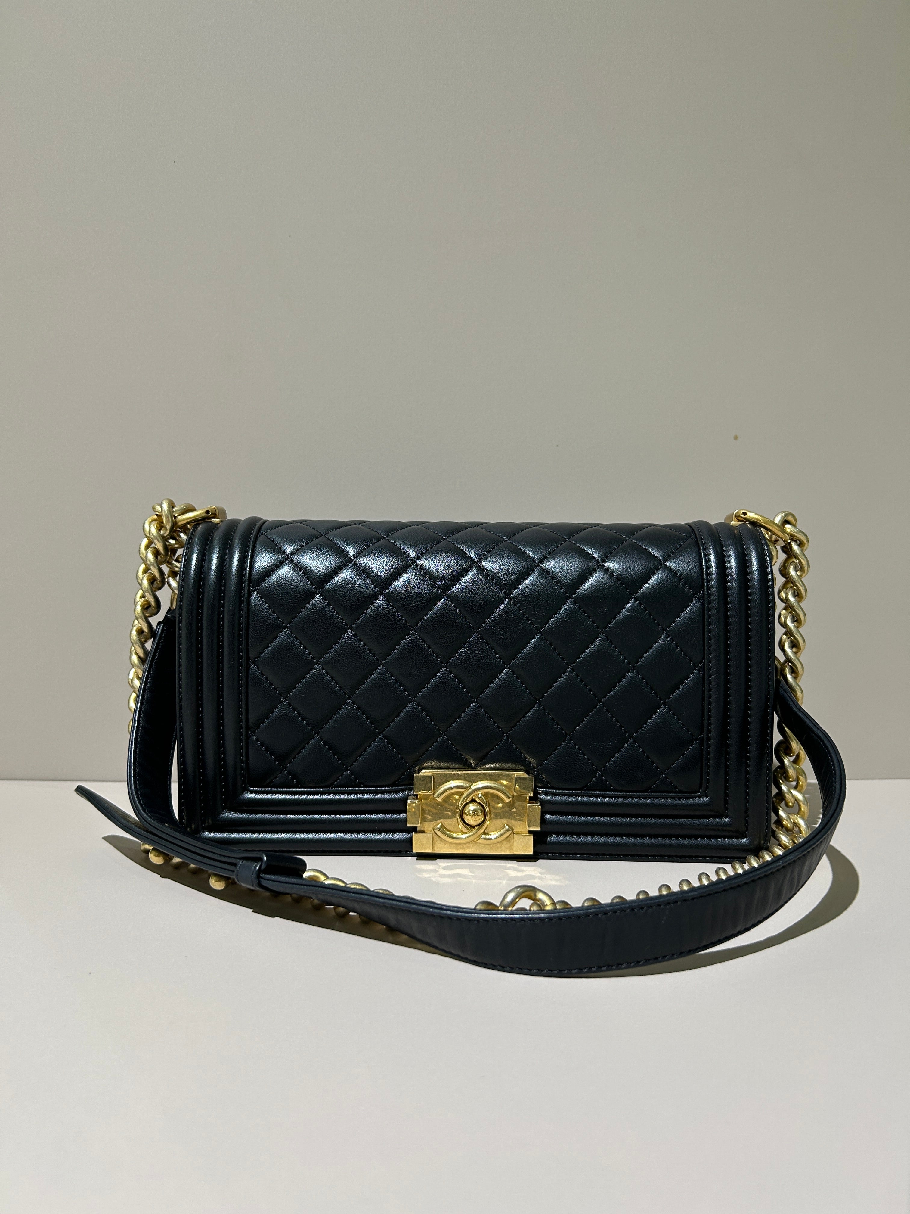 Chanel Boy Medium - Caviar 28CM New Medium Quilted Black Gold Hardware Series 19