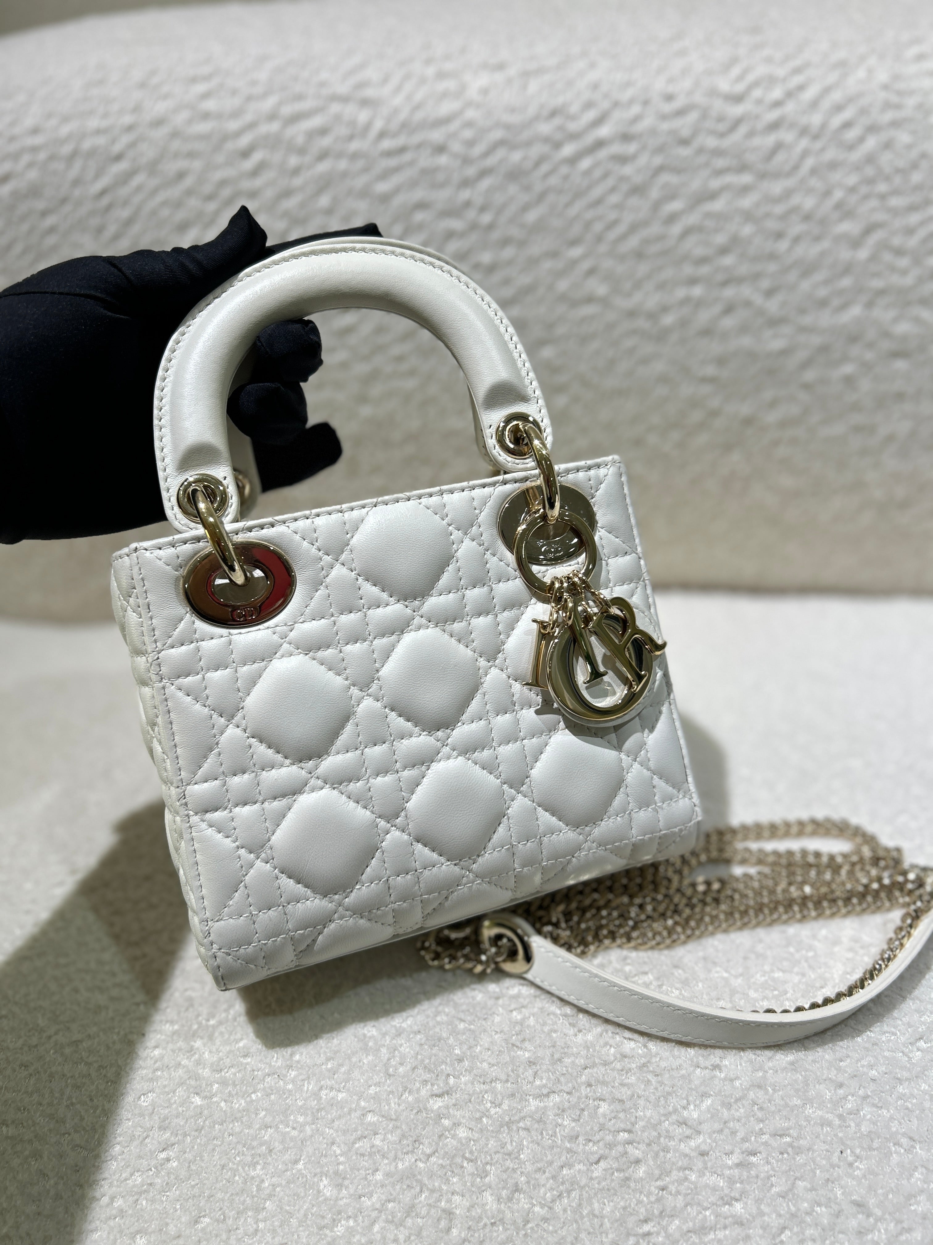 Dior Lady Mini - Cannage Grained Calfskin White Gold Hardware