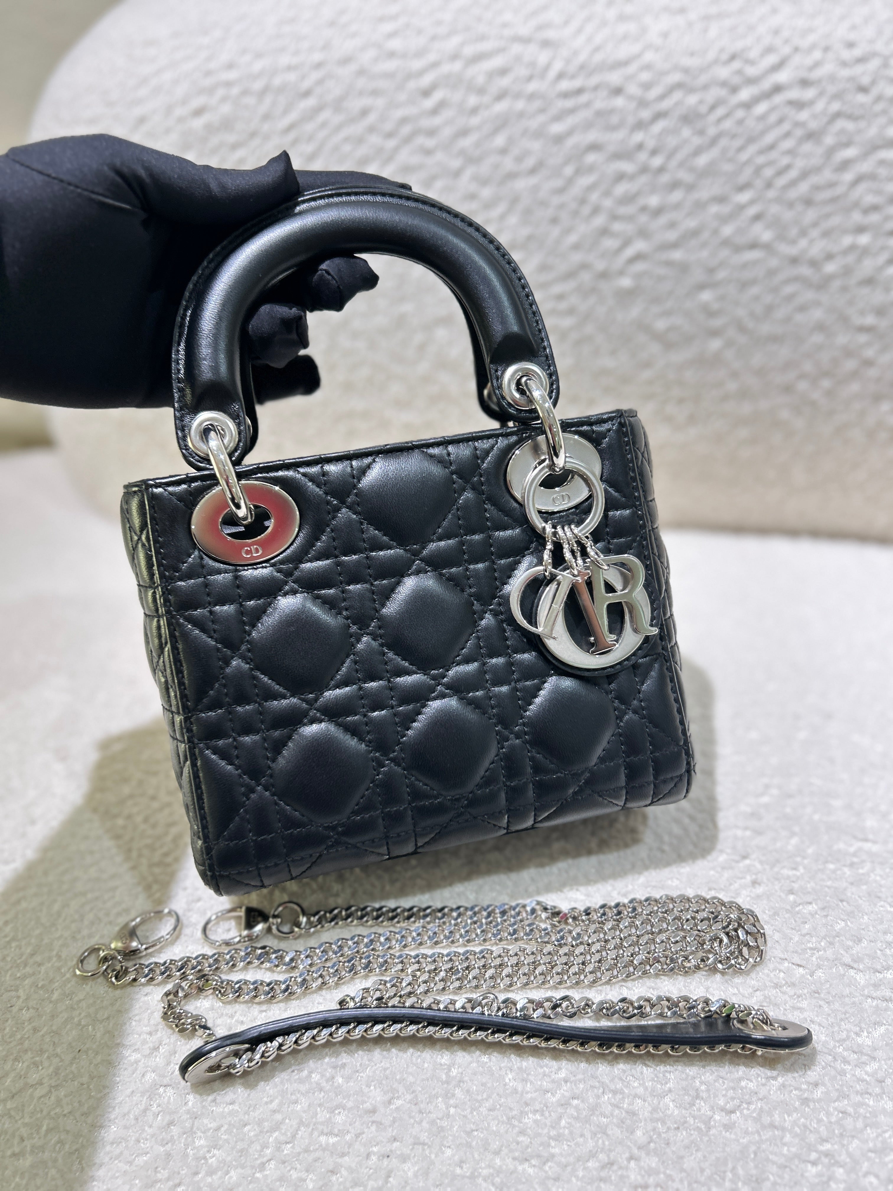 Dior Lady Mini - Cannage Lambskin Black Gold Hardware Adjustable Strap