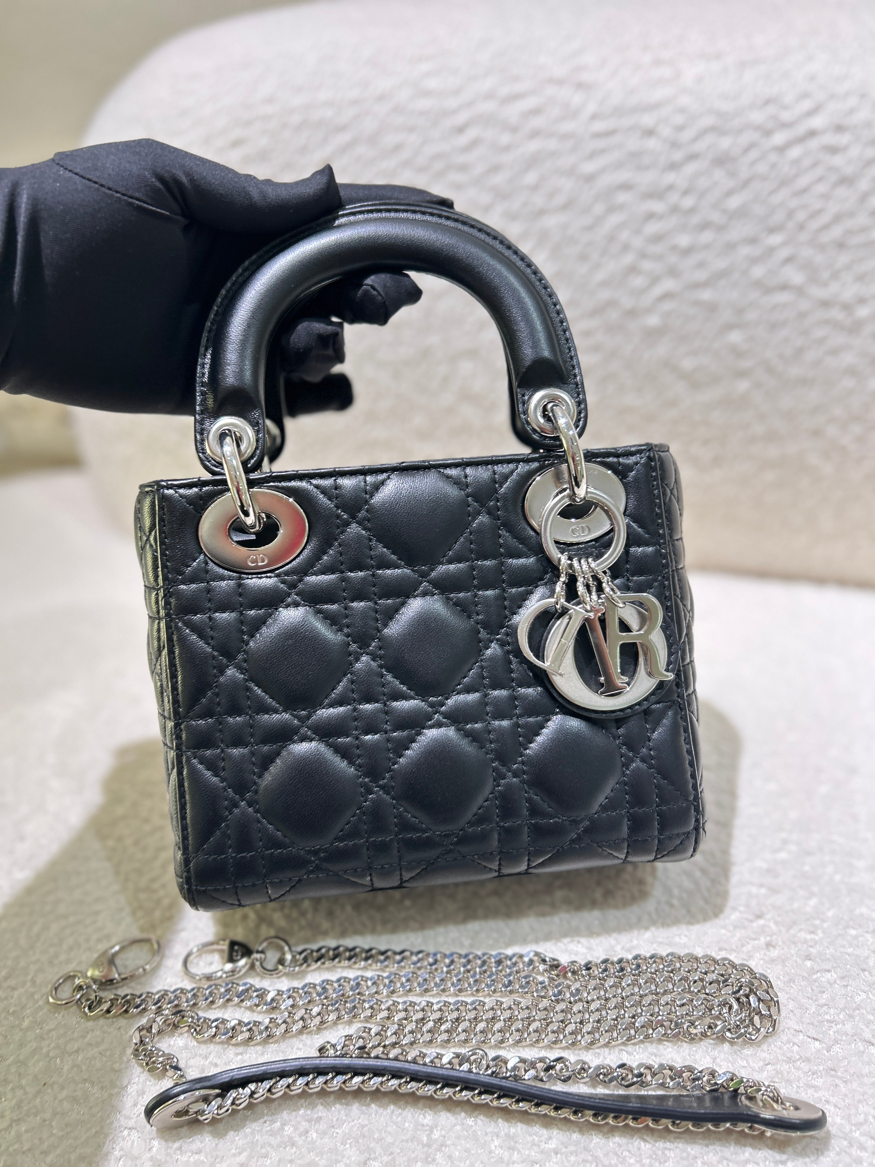Dior Lady Mini - Cannage Lambskin Black Gold Hardware Adjustable Strap