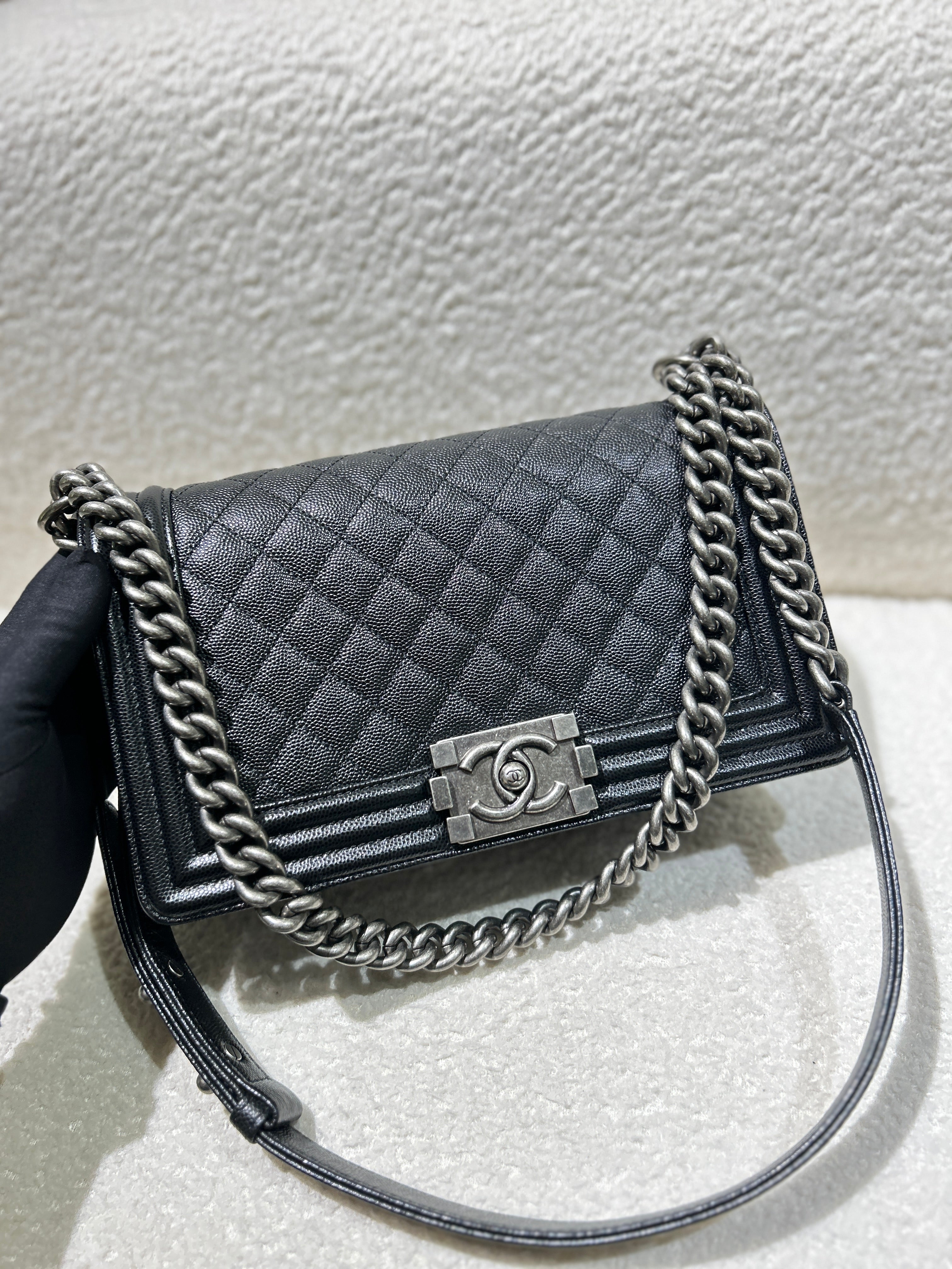 Chanel Boy Medium - Caviar 28CM New Medium Quilted Black Gold Hardware Series 19