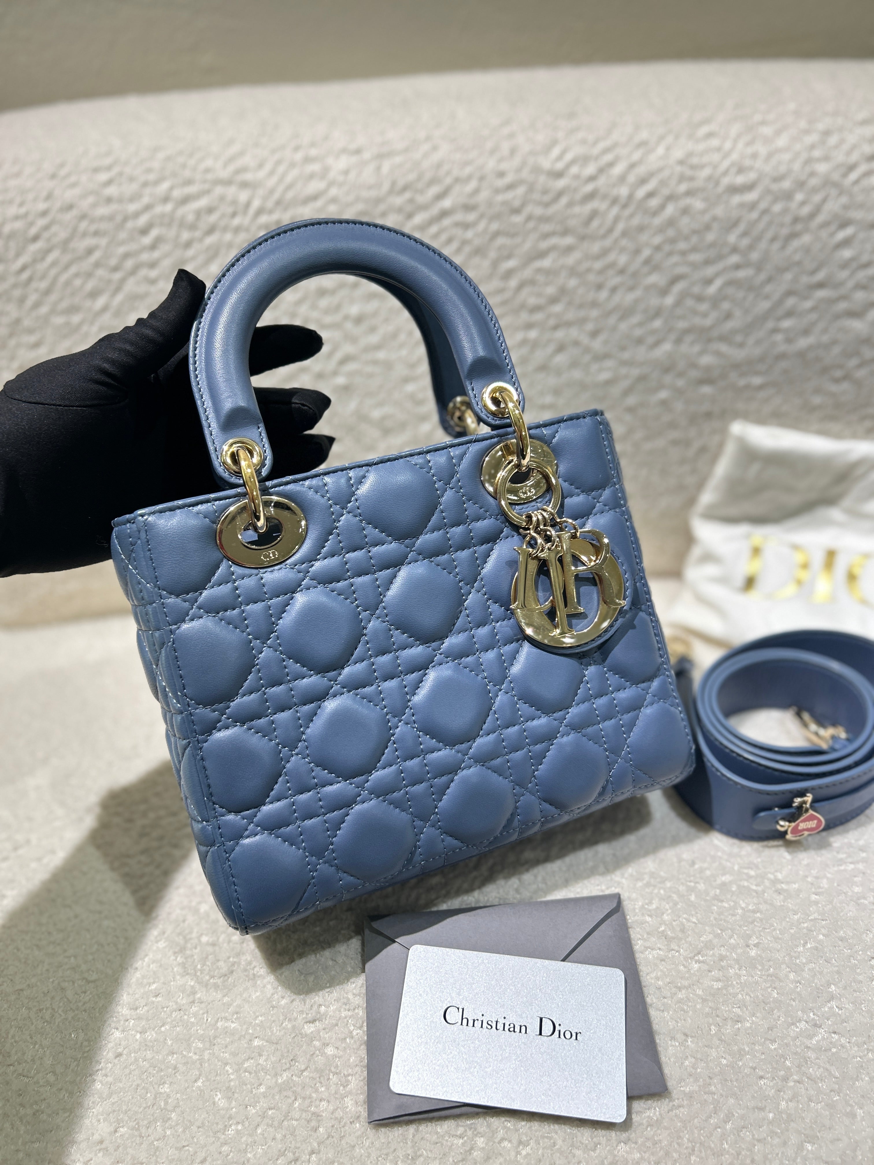 Dior Lady Medium - Cannage Lambskin Haze Blue Gold Hardware Adjustable Strap