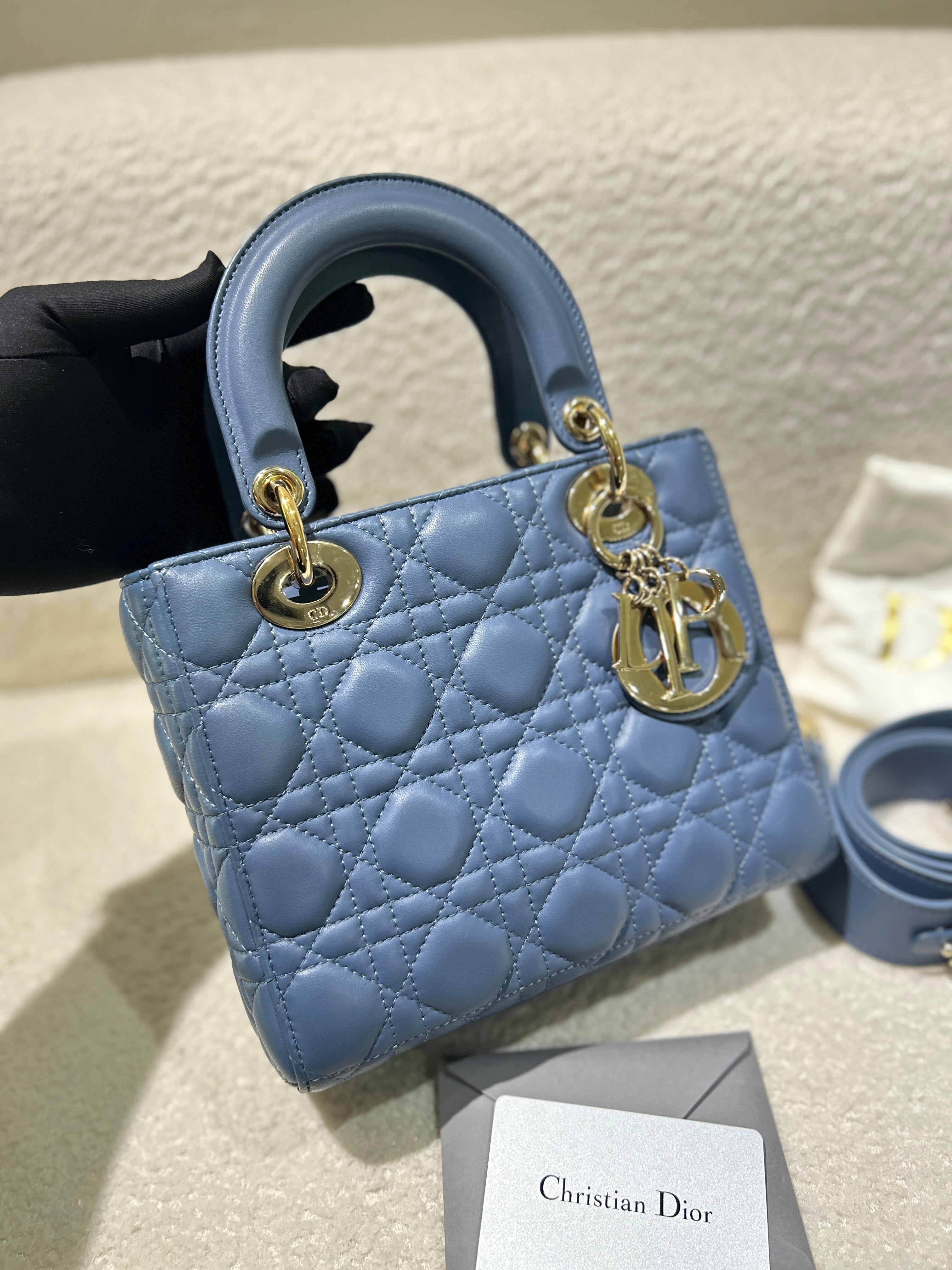 Dior Lady Medium - Cannage Lambskin Haze Blue Gold Hardware Adjustable Strap