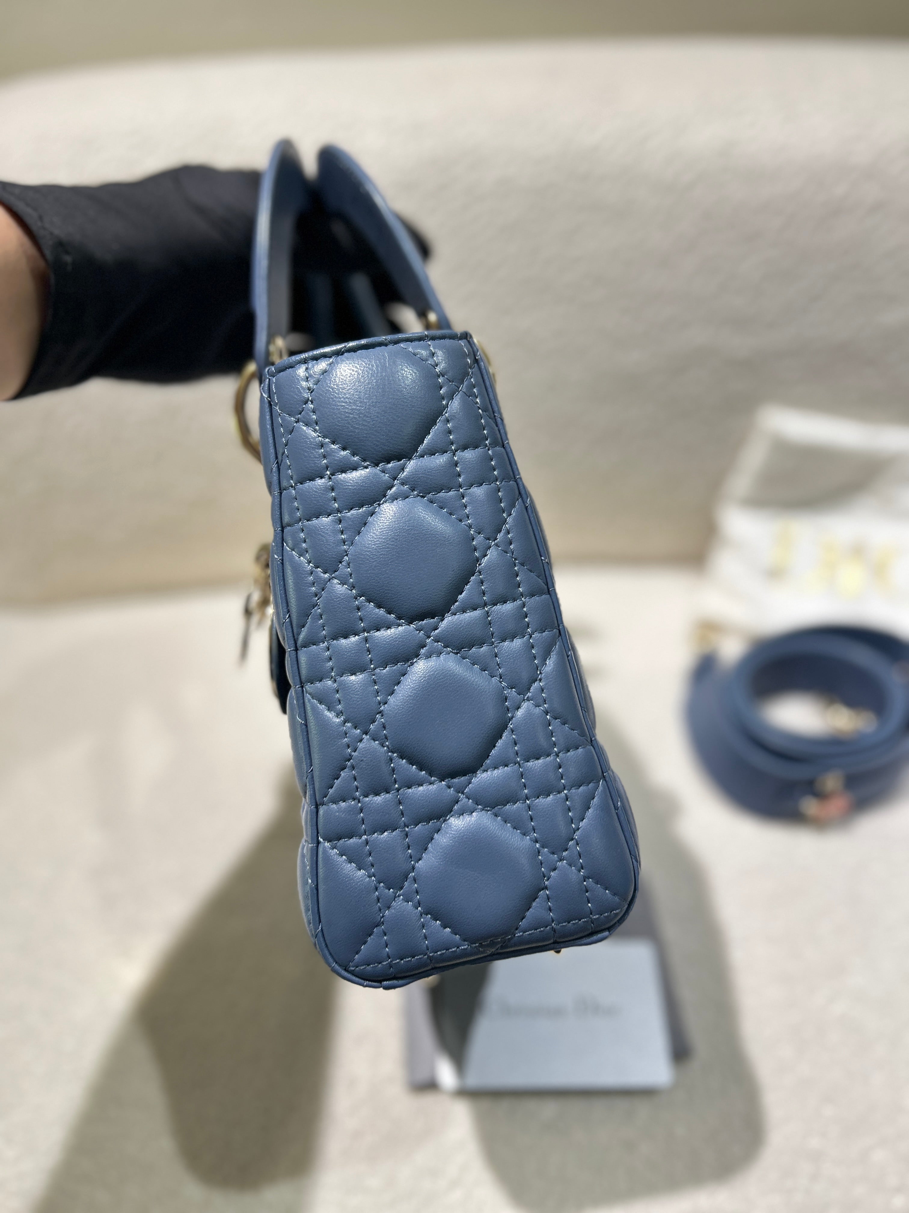 Dior Lady Medium - Cannage Lambskin Haze Blue Gold Hardware Adjustable Strap