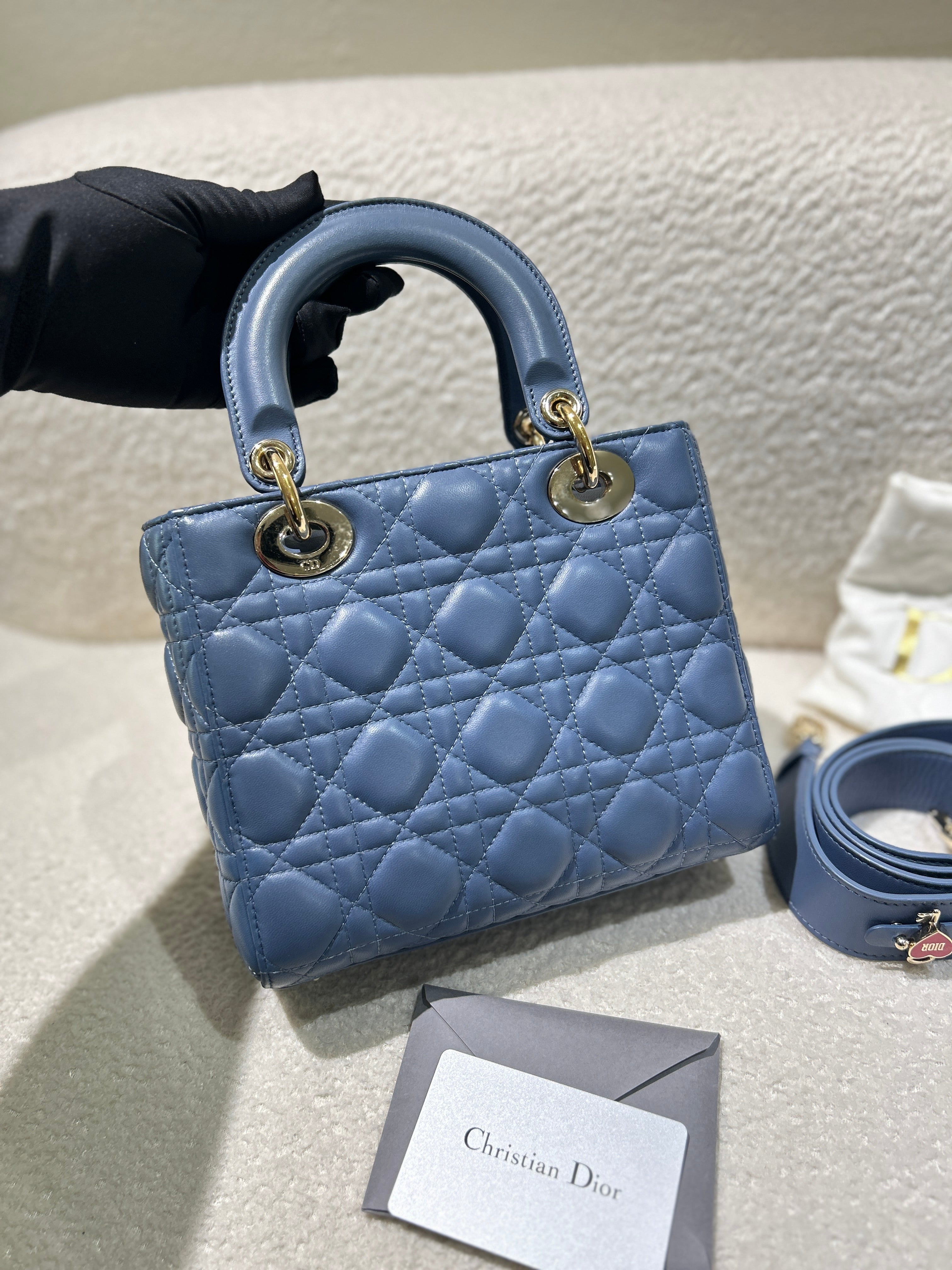 Dior Lady Medium - Cannage Lambskin Haze Blue Gold Hardware Adjustable Strap
