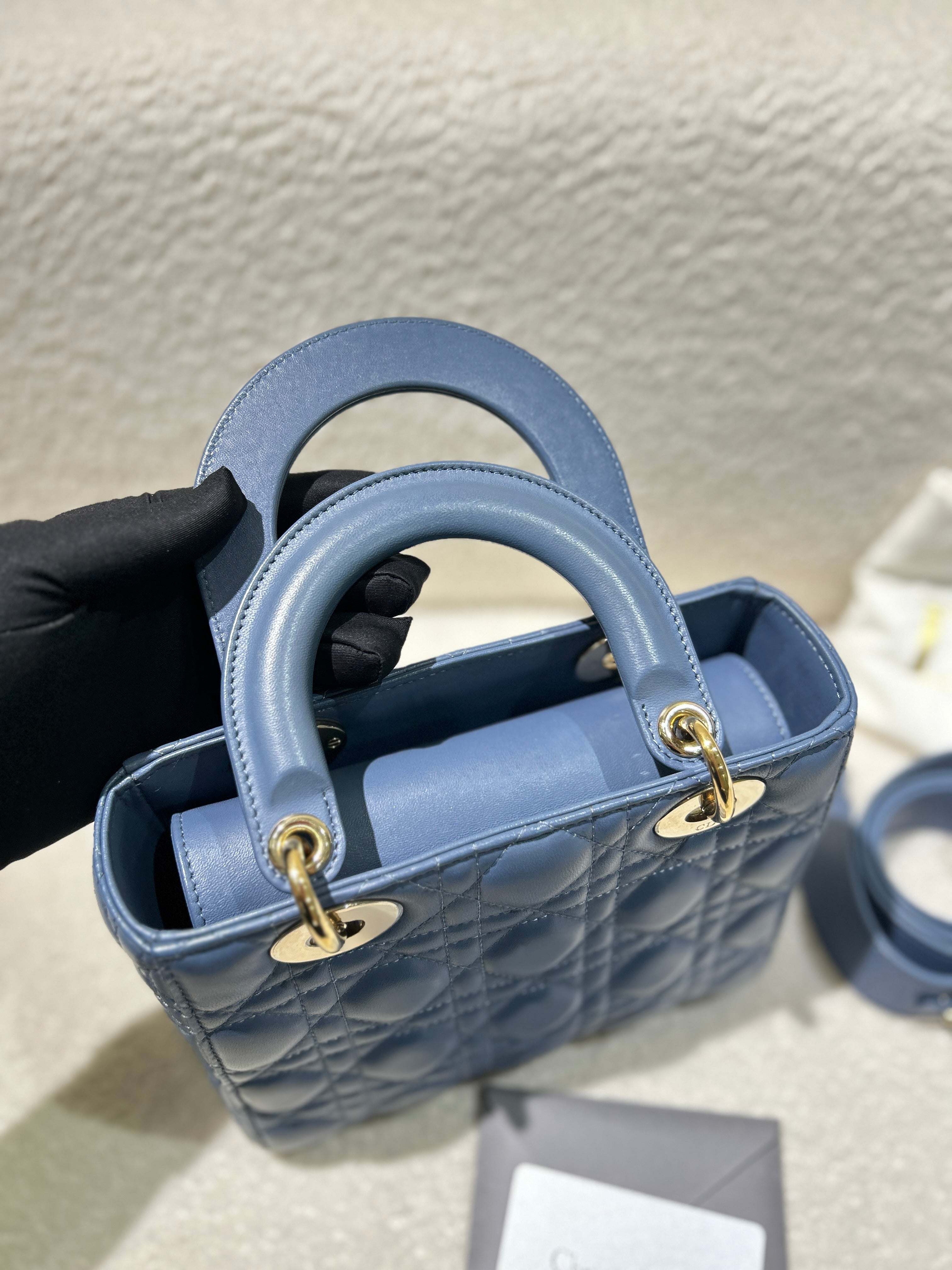 Dior Lady Medium - Cannage Lambskin Haze Blue Gold Hardware Adjustable Strap