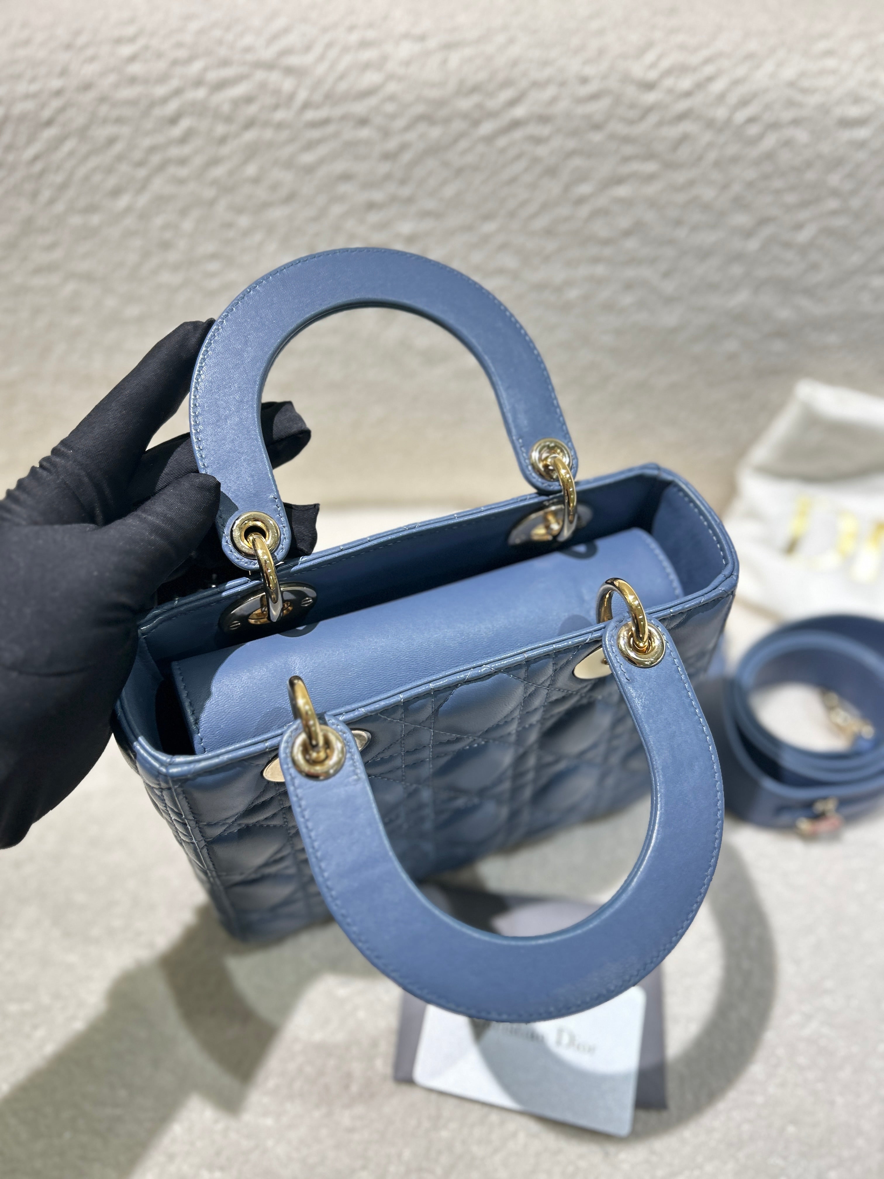 Dior Lady Medium - Cannage Lambskin Haze Blue Gold Hardware Adjustable Strap