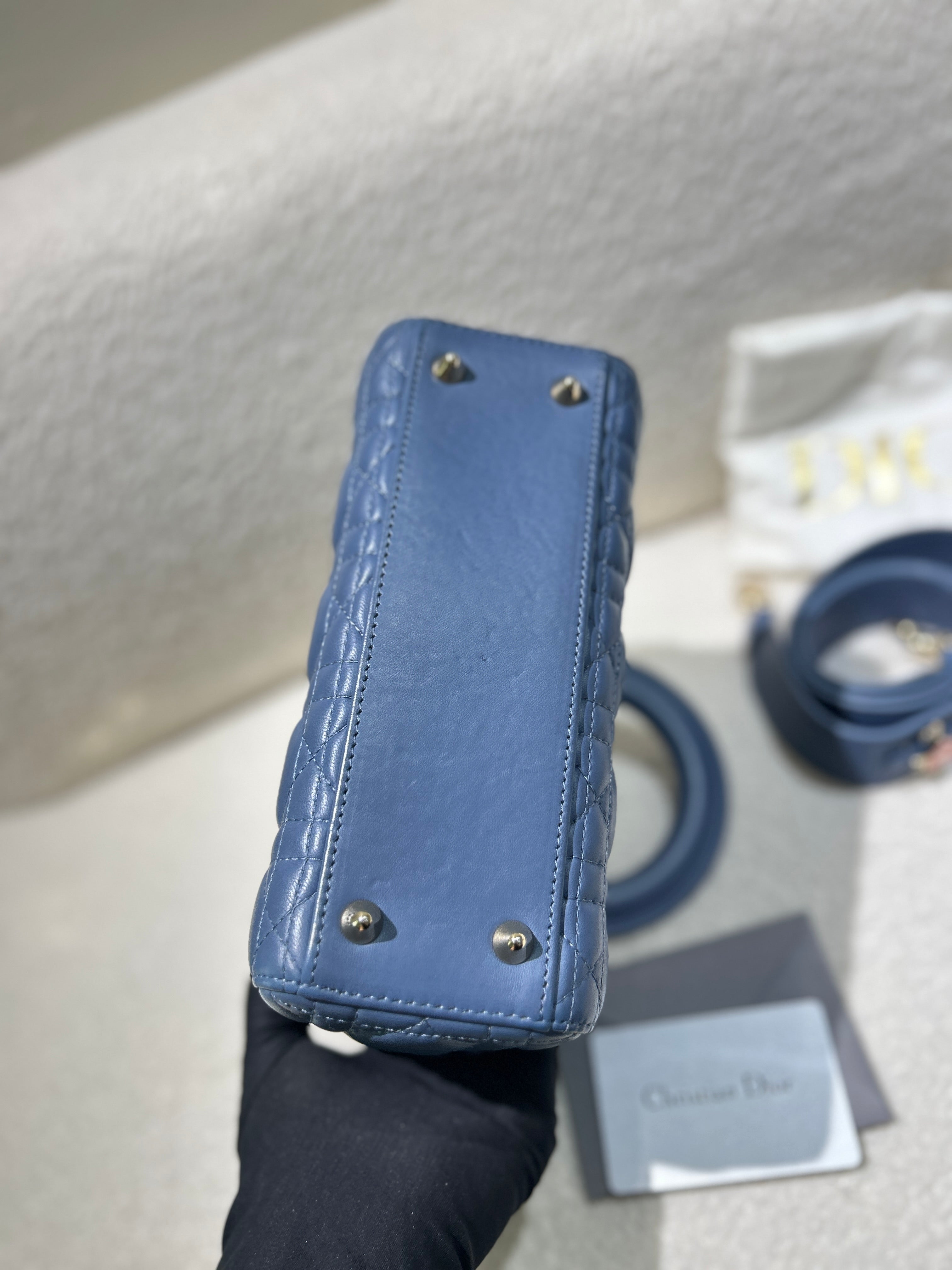 Dior Lady Medium - Cannage Lambskin Haze Blue Gold Hardware Adjustable Strap