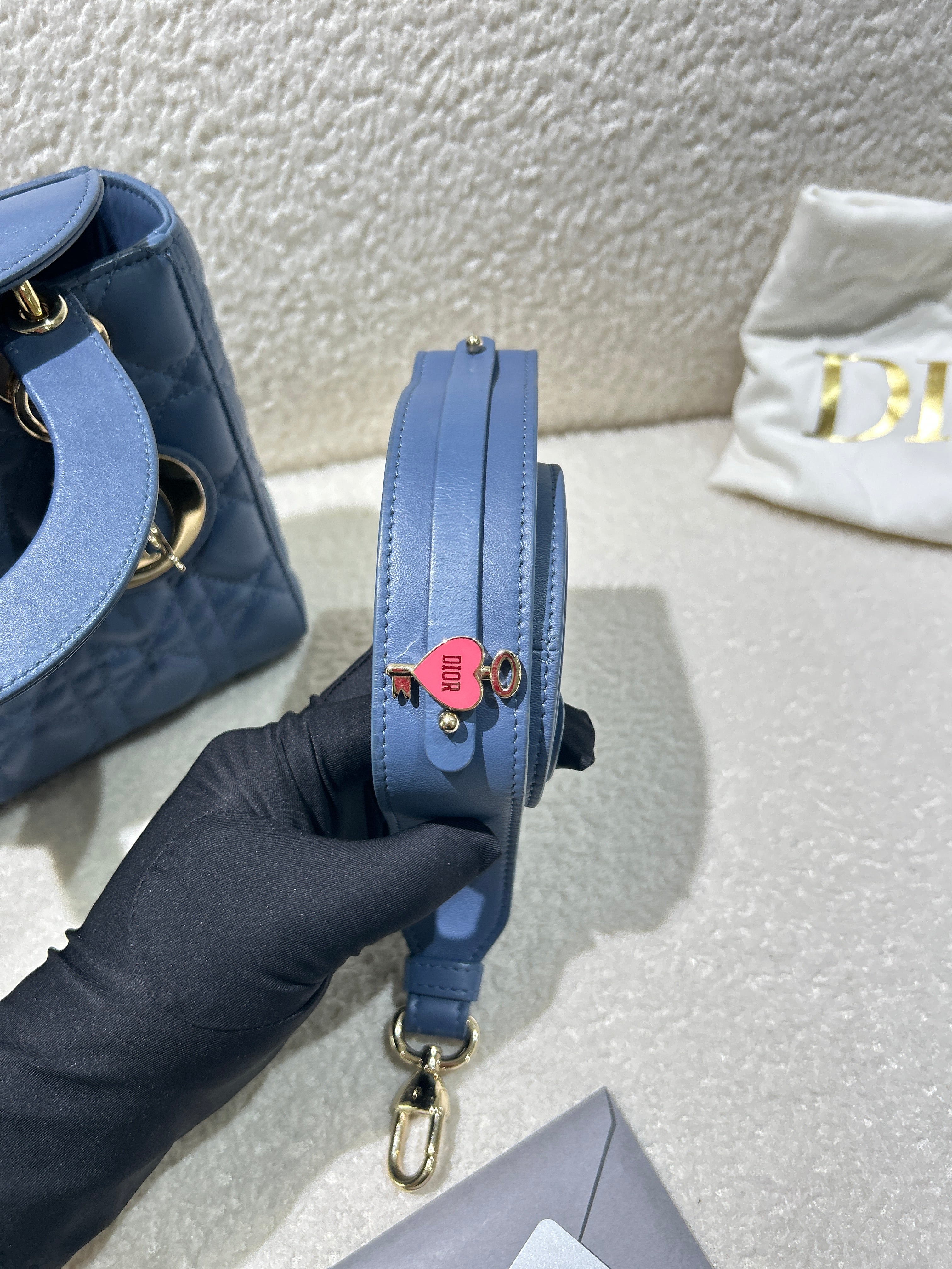 Dior Lady Medium - Cannage Lambskin Haze Blue Gold Hardware Adjustable Strap